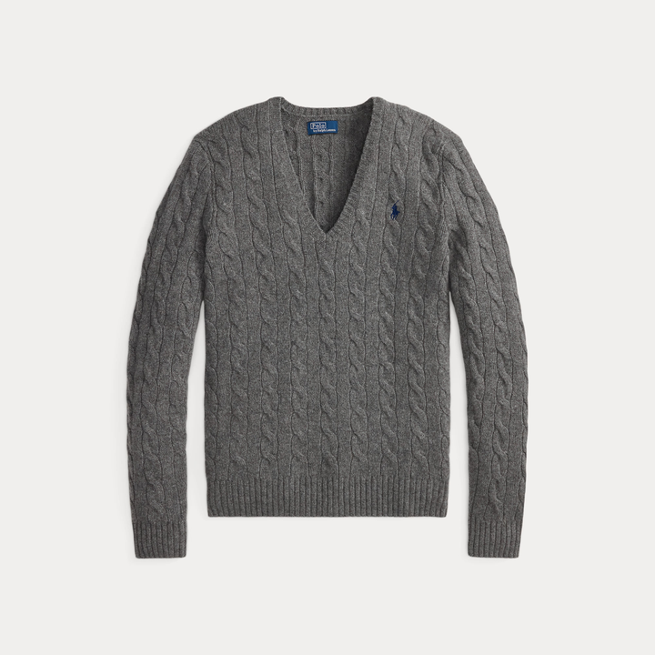 Cable-Knit Wool-Cashmere V-Neck Jumper Grey Heather