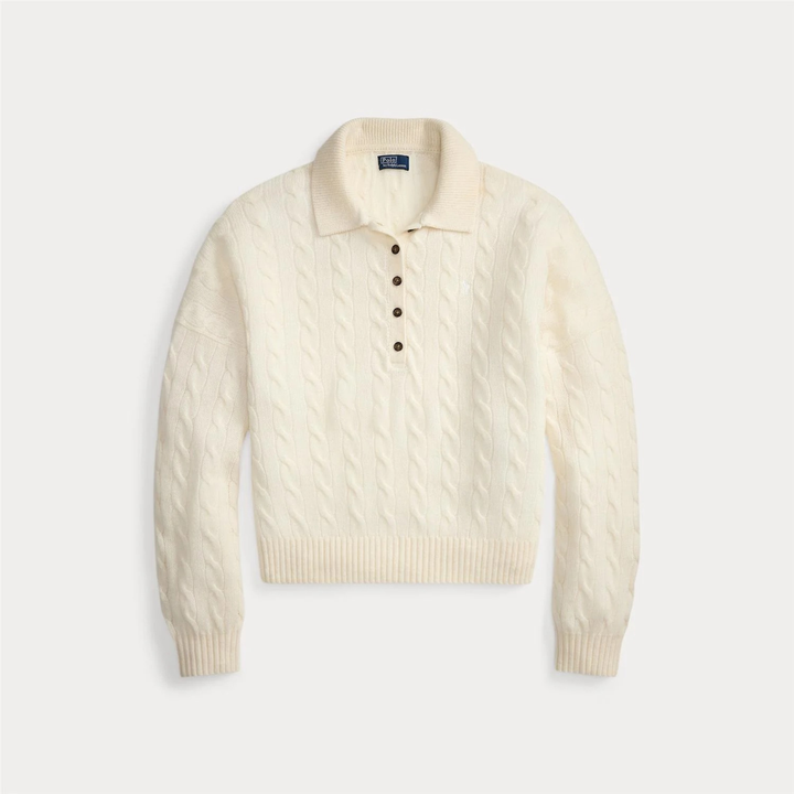 Cable Wool-Cashmere Polo-Collar Sweater