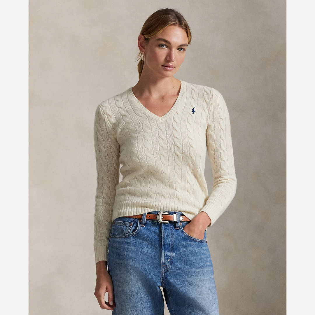 Cable-Knit Wool-Cashmere V-Neck Jumper Cream