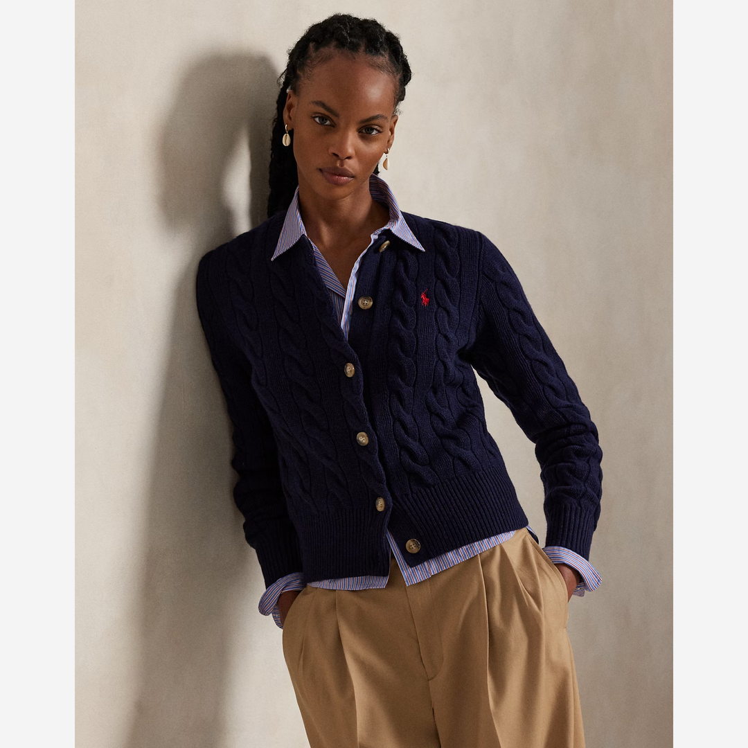 Cable-Knit Wool-Cashmere Cardigan Hunter Navy
