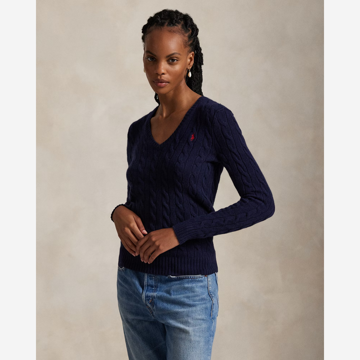 Cable-Knit Wool-Cashmere V-Neck Jumper Hunter Navy