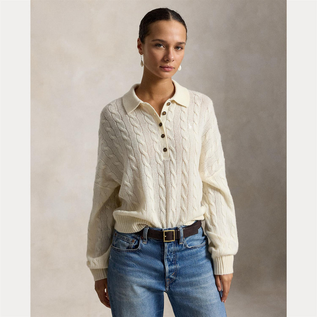 CABLE WOOL-CASHMERE POLO-COLLAR SWEATER