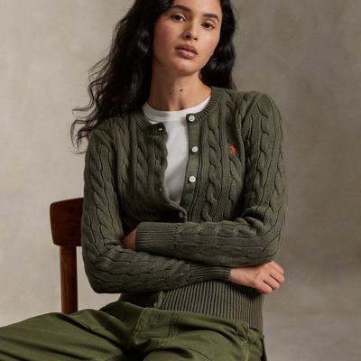 CABLE-KNIT COTTON CREWNECK CARDIGAN