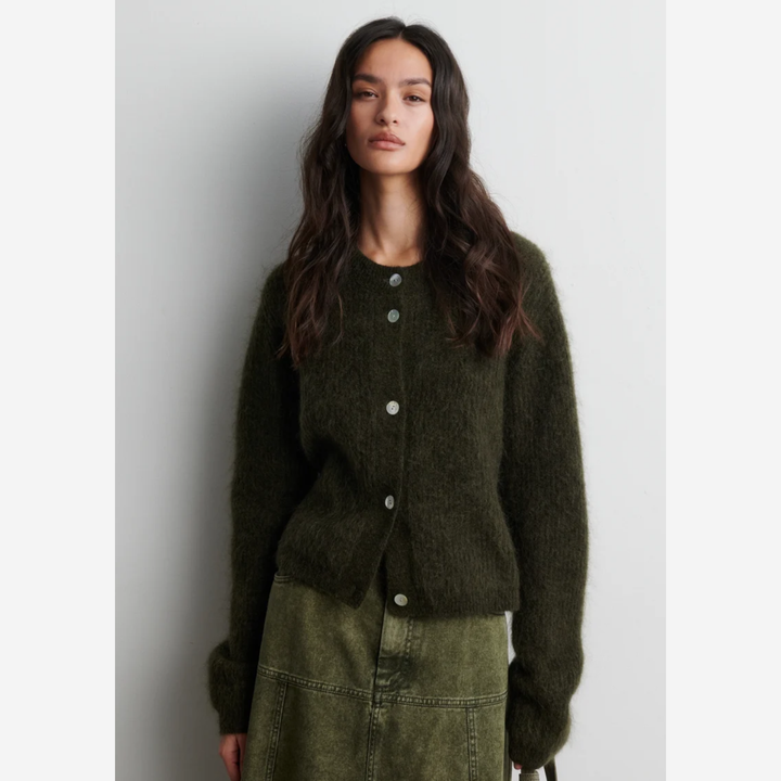 Andrea Knit Rib LS Cardigan Black Olive