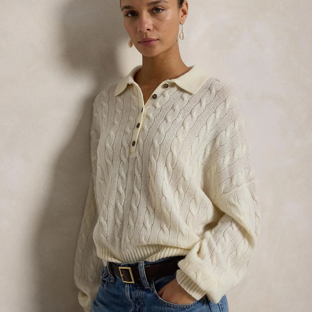 Cable Wool-Cashmere Polo-Collar Sweater