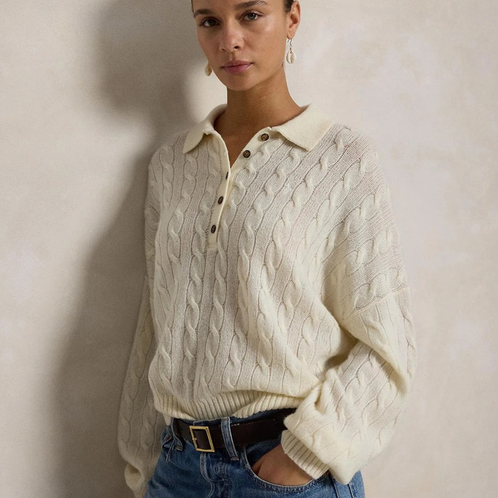 Cable Wool-Cashmere Polo-Collar Sweater