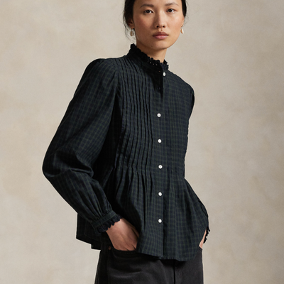 PINTUCKED PLAID COTTON SHIRT