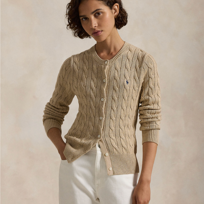 CABLE-KNIT COTTON CREWNECK CARDIGAN