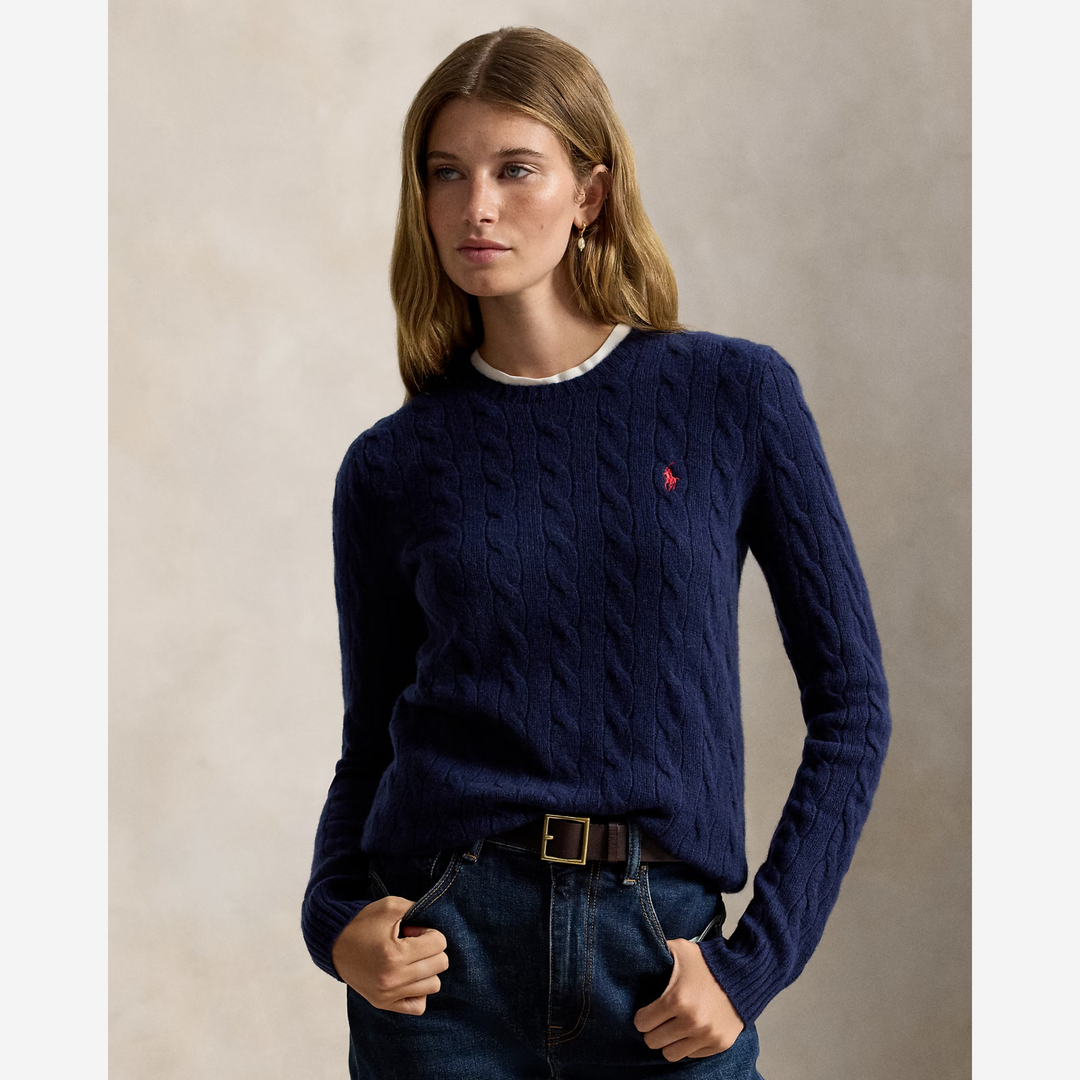 Cable Wool-Cashmere Crewneck Jumper Hunter Navy
