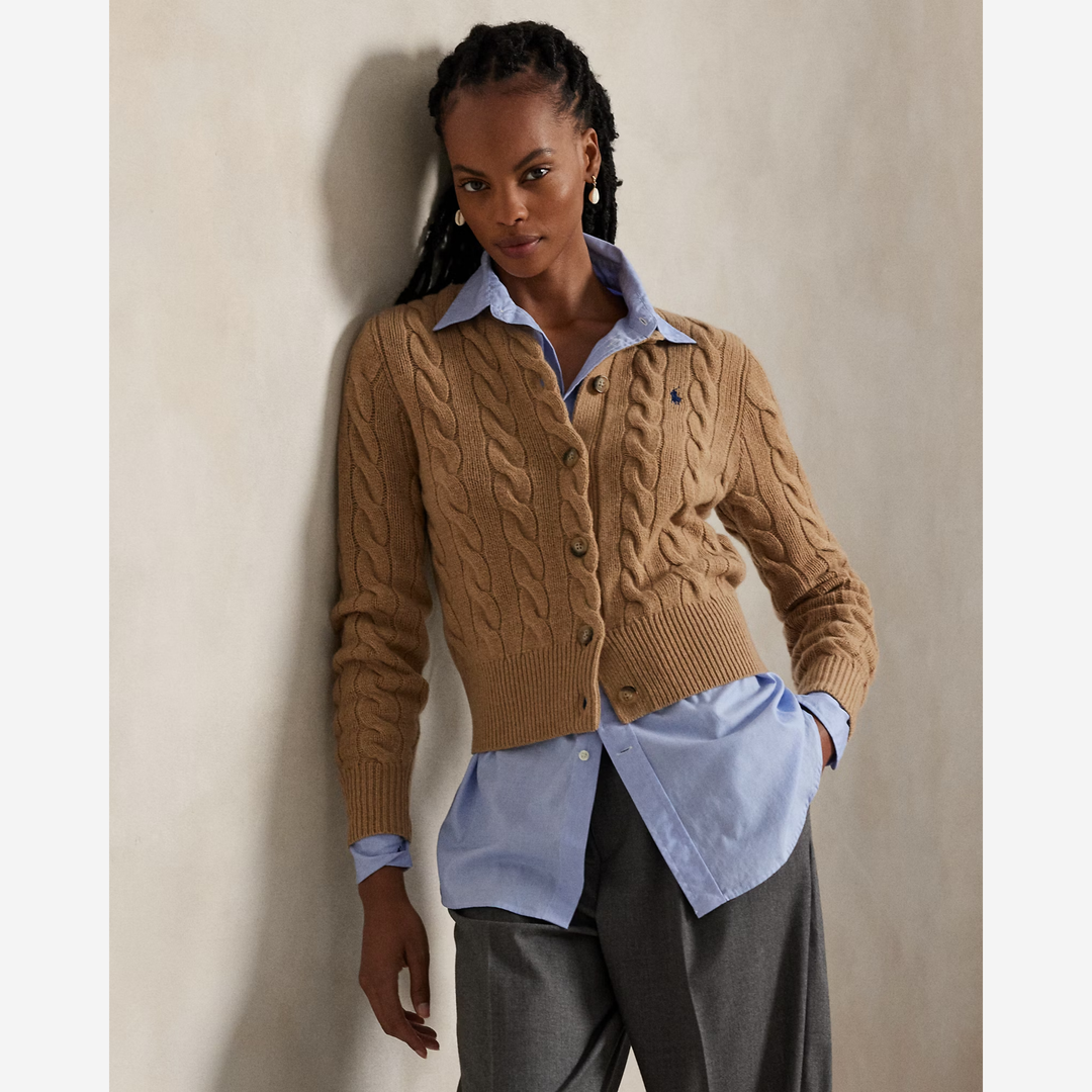 Cable-Knit Wool-Cashmere Cardigan Collection Camel Melange