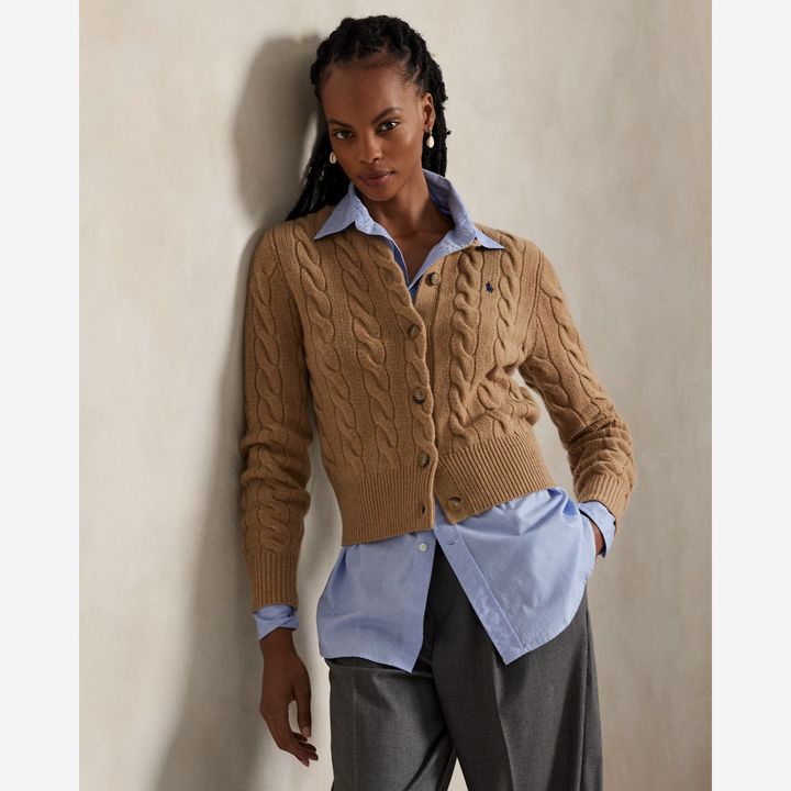 Cable-Knit Wool-Cashmere Cardigan Collection Camel Melange
