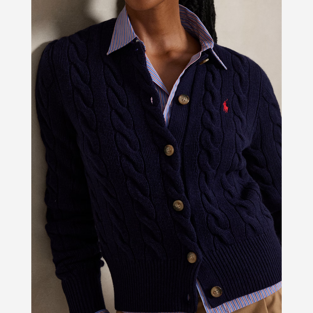 Cable-Knit Wool-Cashmere Cardigan Hunter Navy