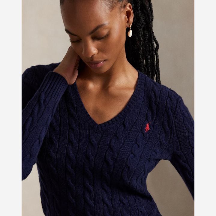 Cable-Knit Wool-Cashmere V-Neck Jumper Hunter Navy