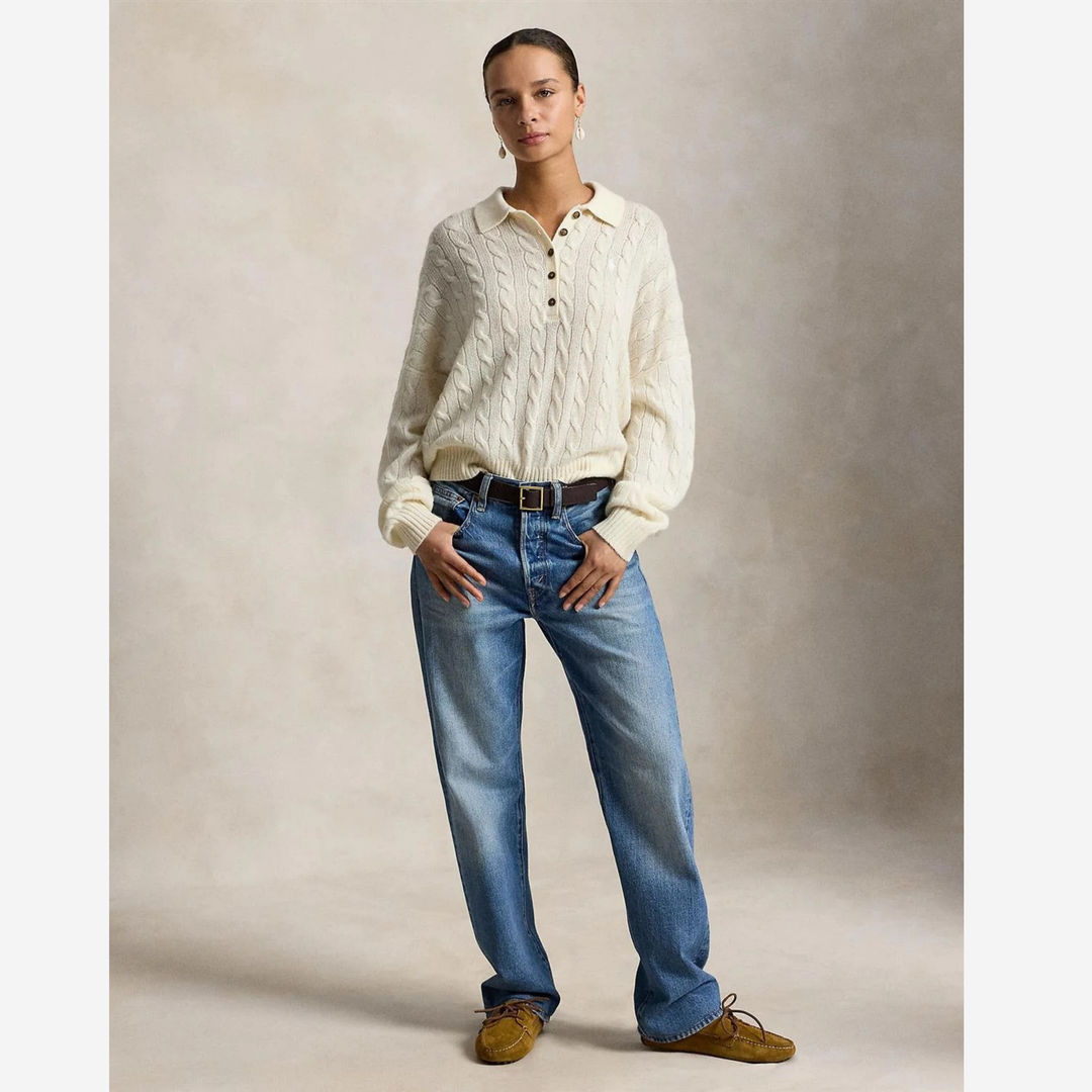 Cable Wool-Cashmere Polo-Collar Sweater