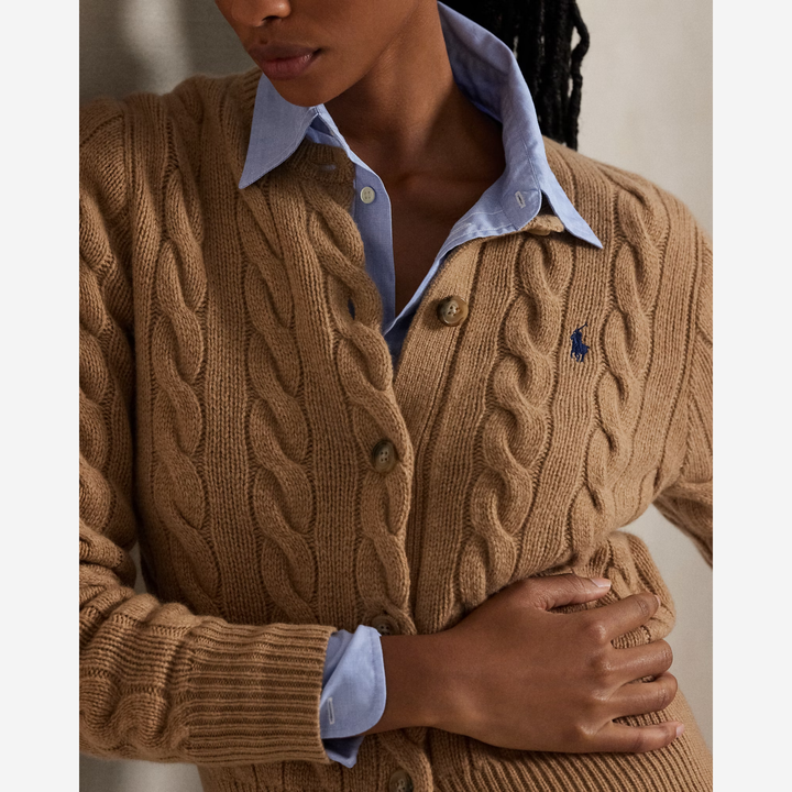 Cable-Knit Wool-Cashmere Cardigan Collection Camel Melange