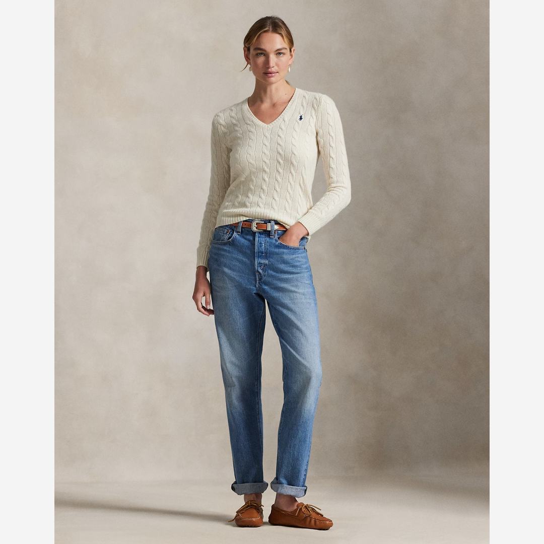 Cable-Knit Wool-Cashmere V-Neck Jumper Cream