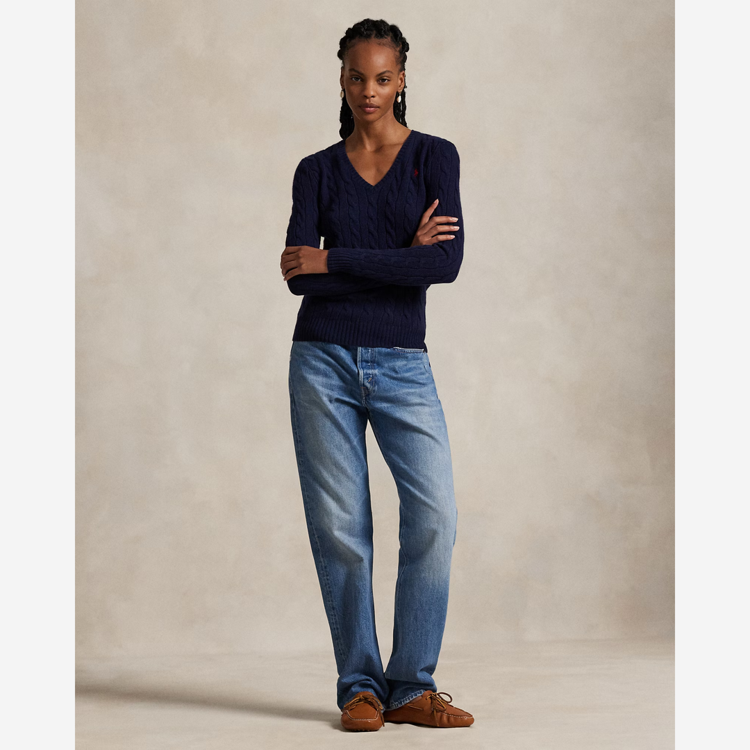 Cable-Knit Wool-Cashmere V-Neck Jumper Hunter Navy