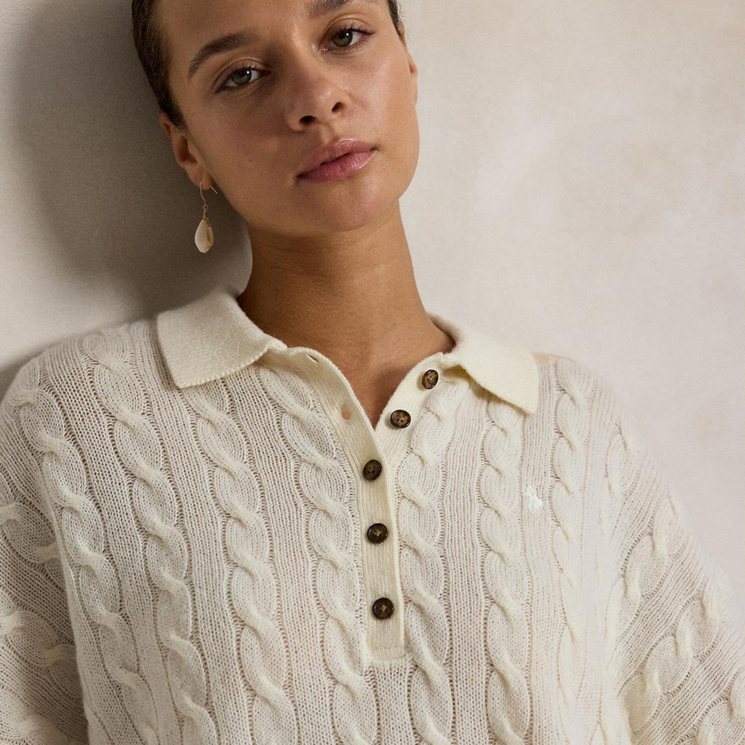 Cable Wool-Cashmere Polo-Collar Sweater