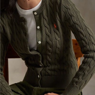 CABLE-KNIT COTTON CREWNECK CARDIGAN