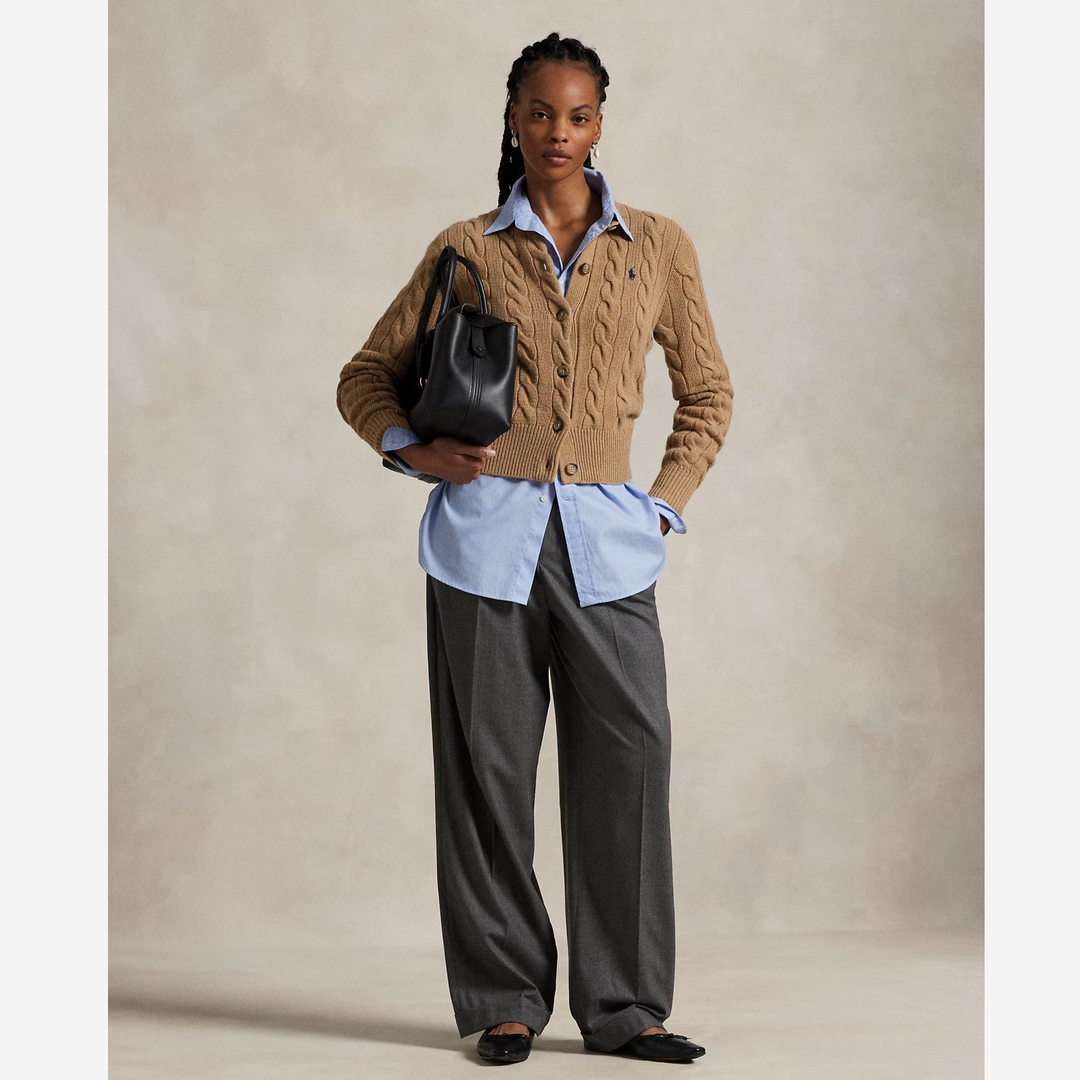 Cable-Knit Wool-Cashmere Cardigan Collection Camel Melange