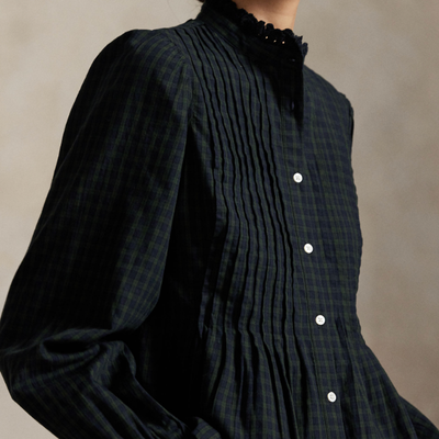 PINTUCKED PLAID COTTON SHIRT