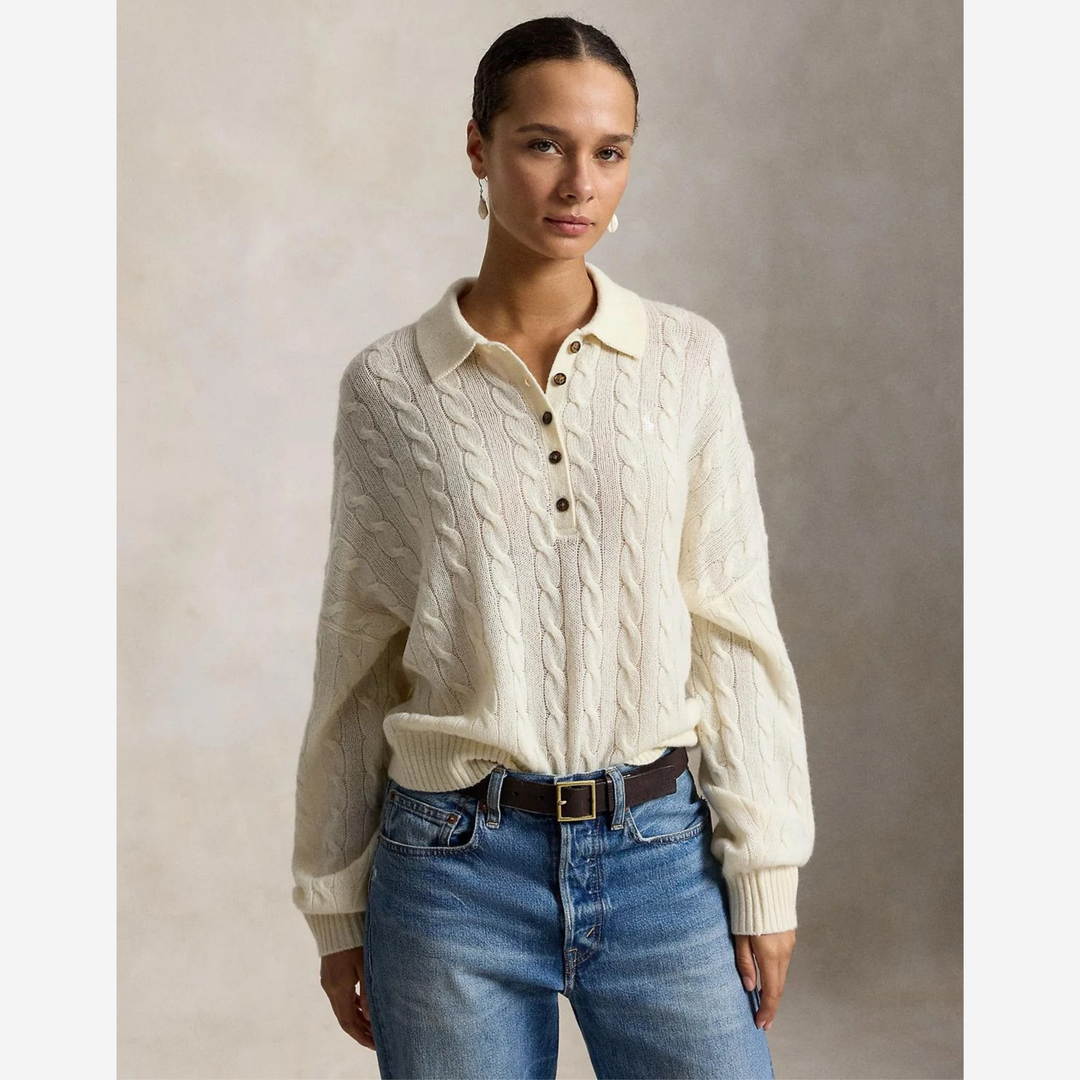 Cable Wool-Cashmere Polo-Collar Sweater