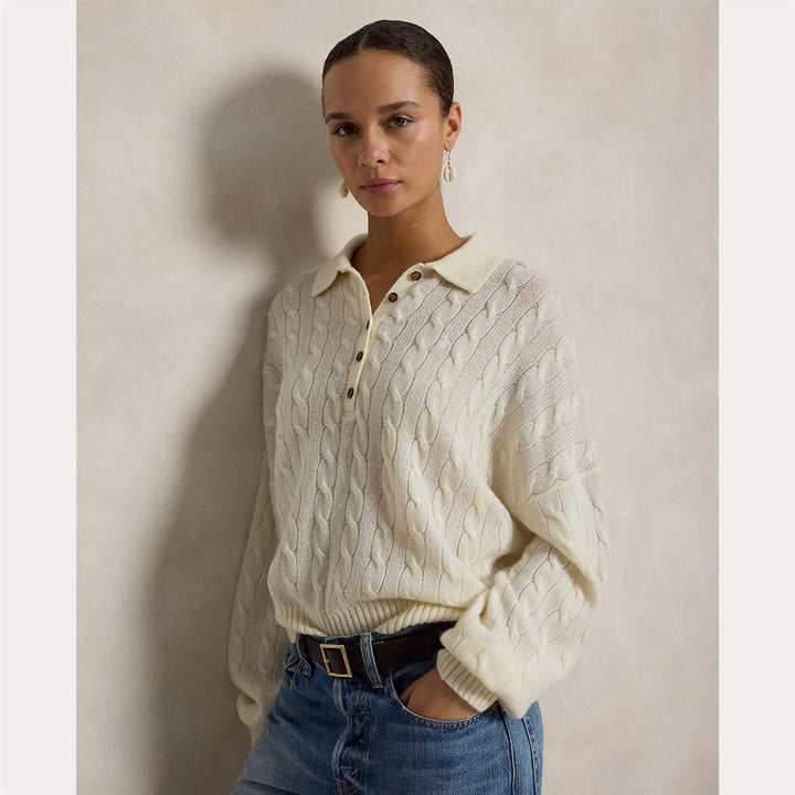 CABLE WOOL-CASHMERE POLO-COLLAR SWEATER