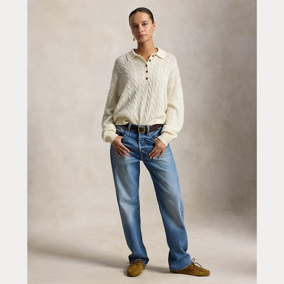 CABLE WOOL-CASHMERE POLO-COLLAR SWEATER